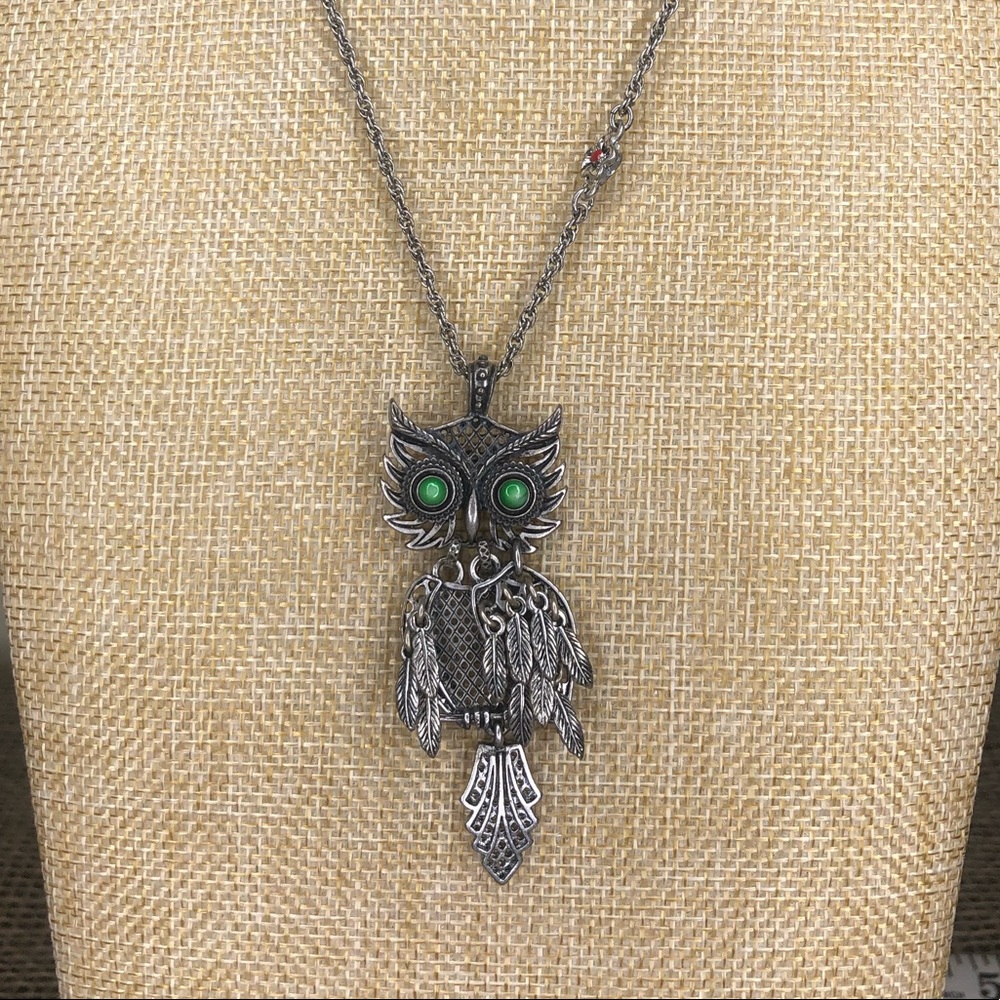 Lucky Brand green eyed owl silver tone necklace